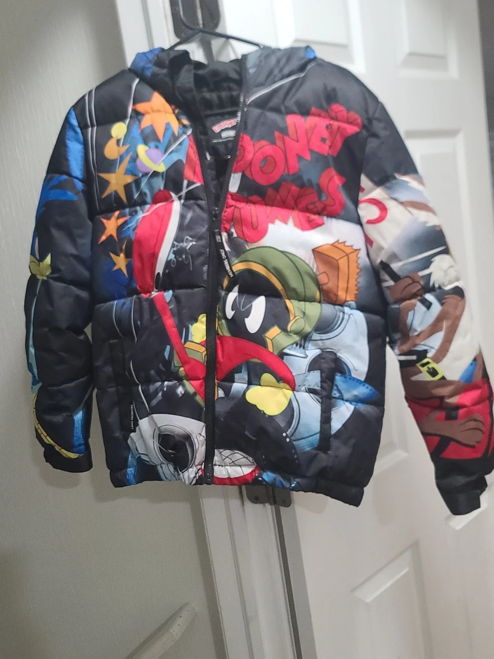 Black Kids Graphic Puffer Jacket with Cartoon Print